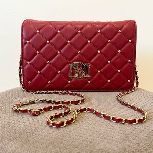 Badgley Mischka Red Purse Quilted Gold Studded  Gold Chain Strap Brand New